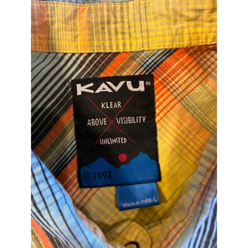 KAVU Mens Short Sleeve Plaid Button Down Shirt Yellow Blue Orange Large - Picture 2 of 6